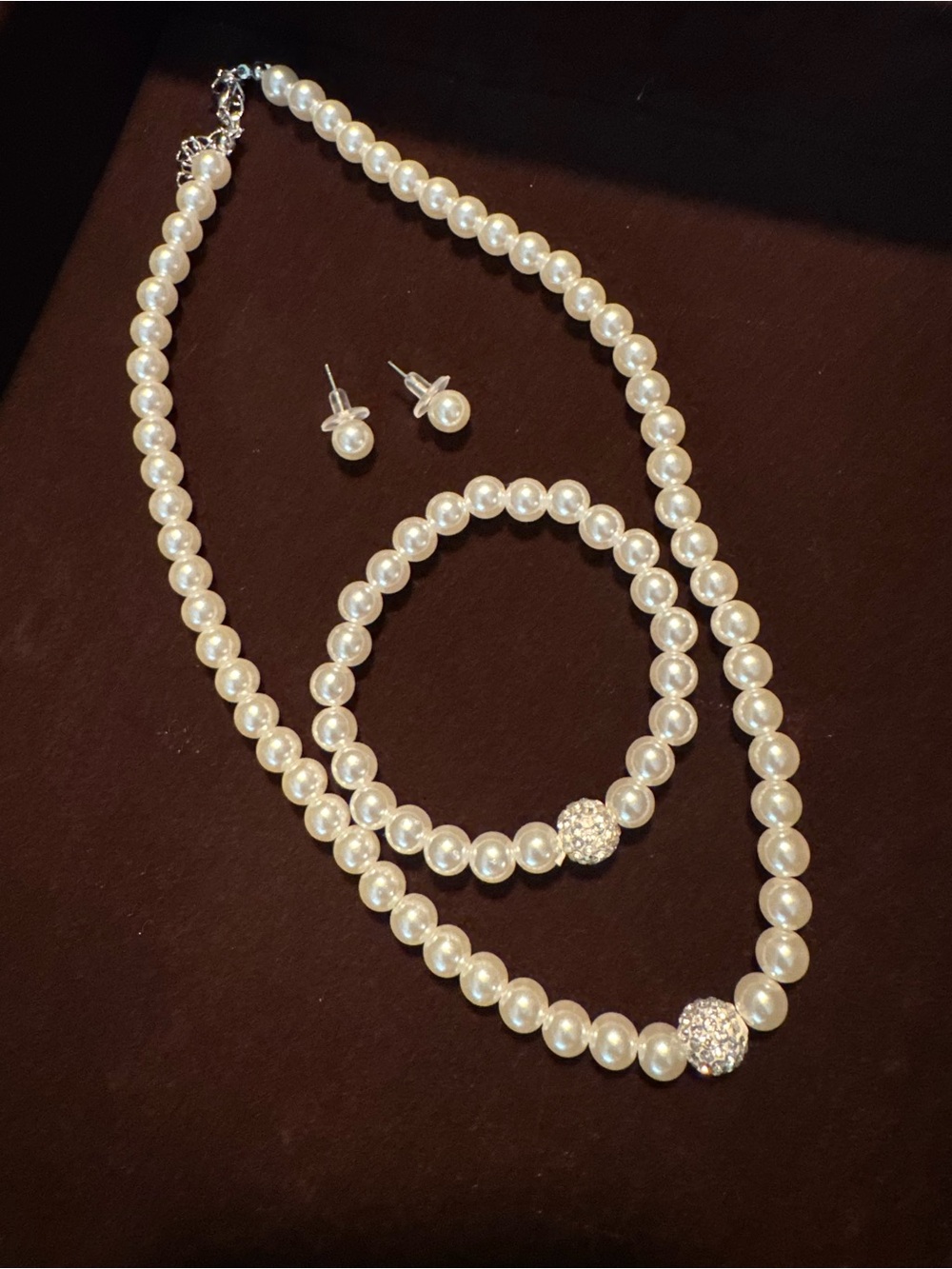 Classic White Faux Pearl Necklace, Bracelet & Stud Earring Set